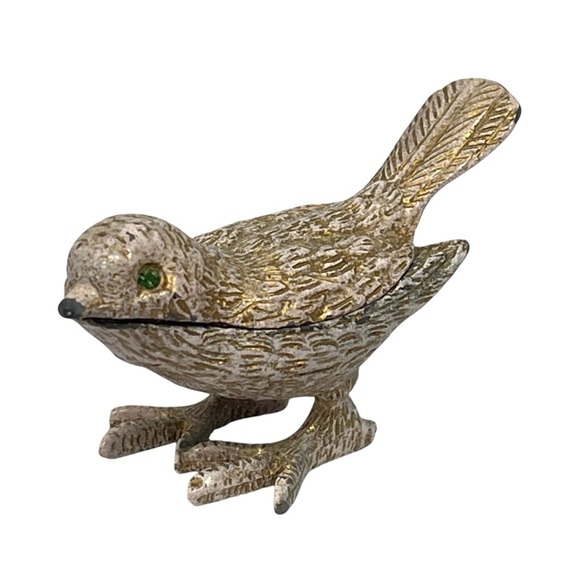 VINTAGE FLORENZA Green Gem Stone Sparrow Bird Trinket Box 2.75"W - Picture 1 of 16